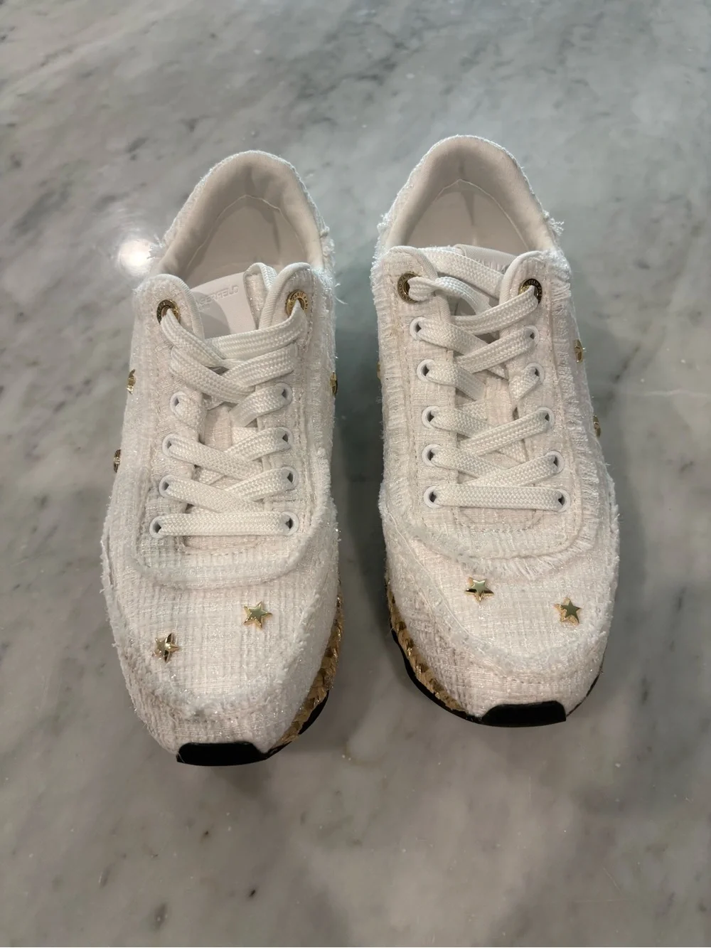 Karl Lagerfeld Paris Meaza Tweed Star Espadrille Sneakers White Gold - Size 7.5